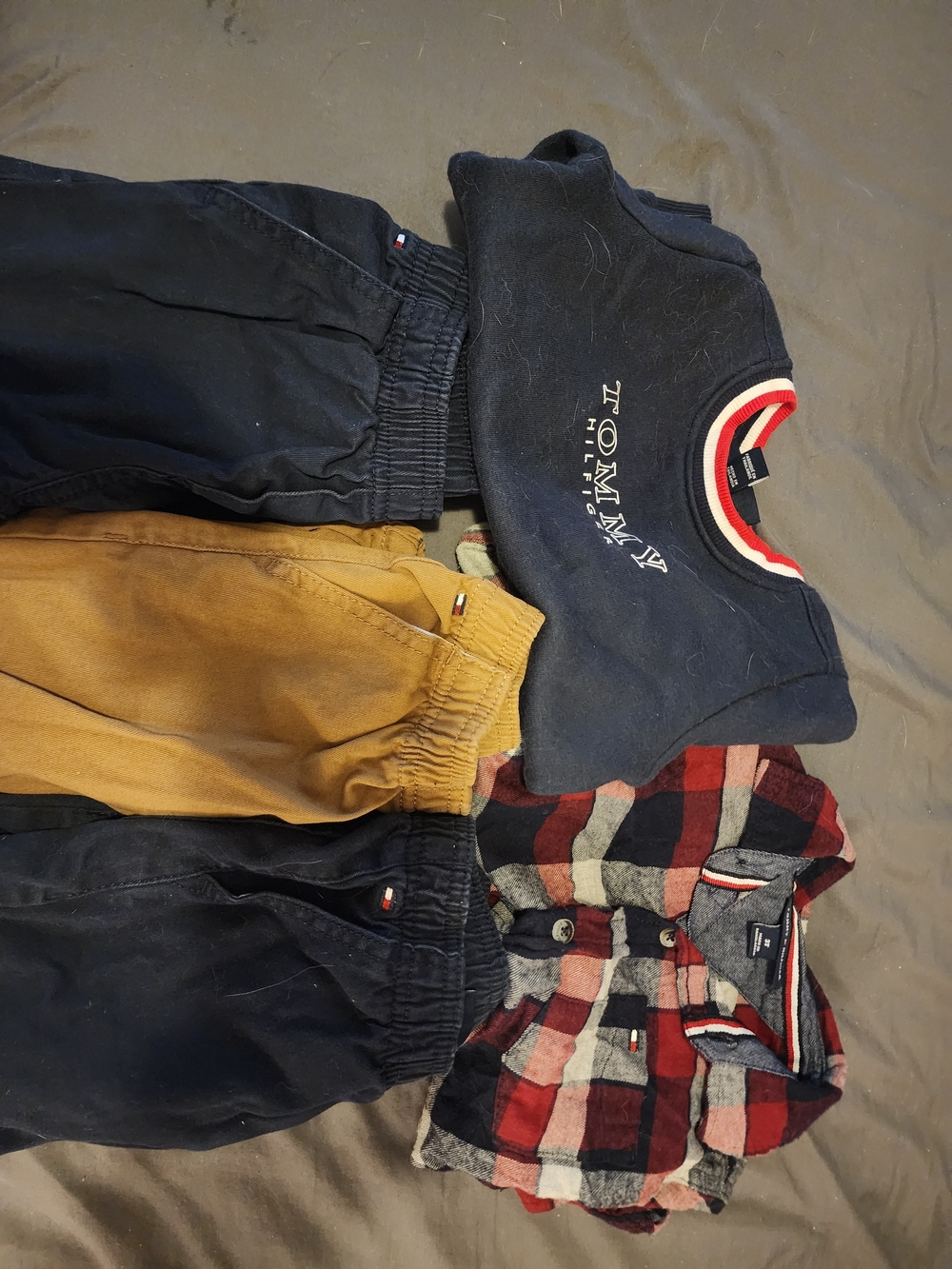 Tommy Hilfiger Navy Logo Sweatshirt with Red Plaid Shirt & Tan Pants